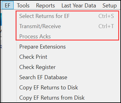 Image of "grayed out" options under EF menu